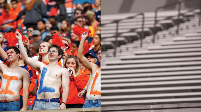 Illinois fans cheering in the stands split with empty stands